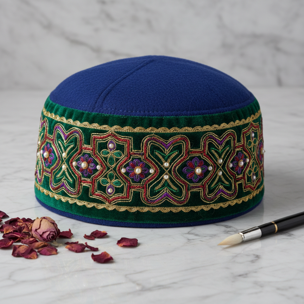 Handcrafted Velvet-Trimmed Wool Kufi Prayer Cap